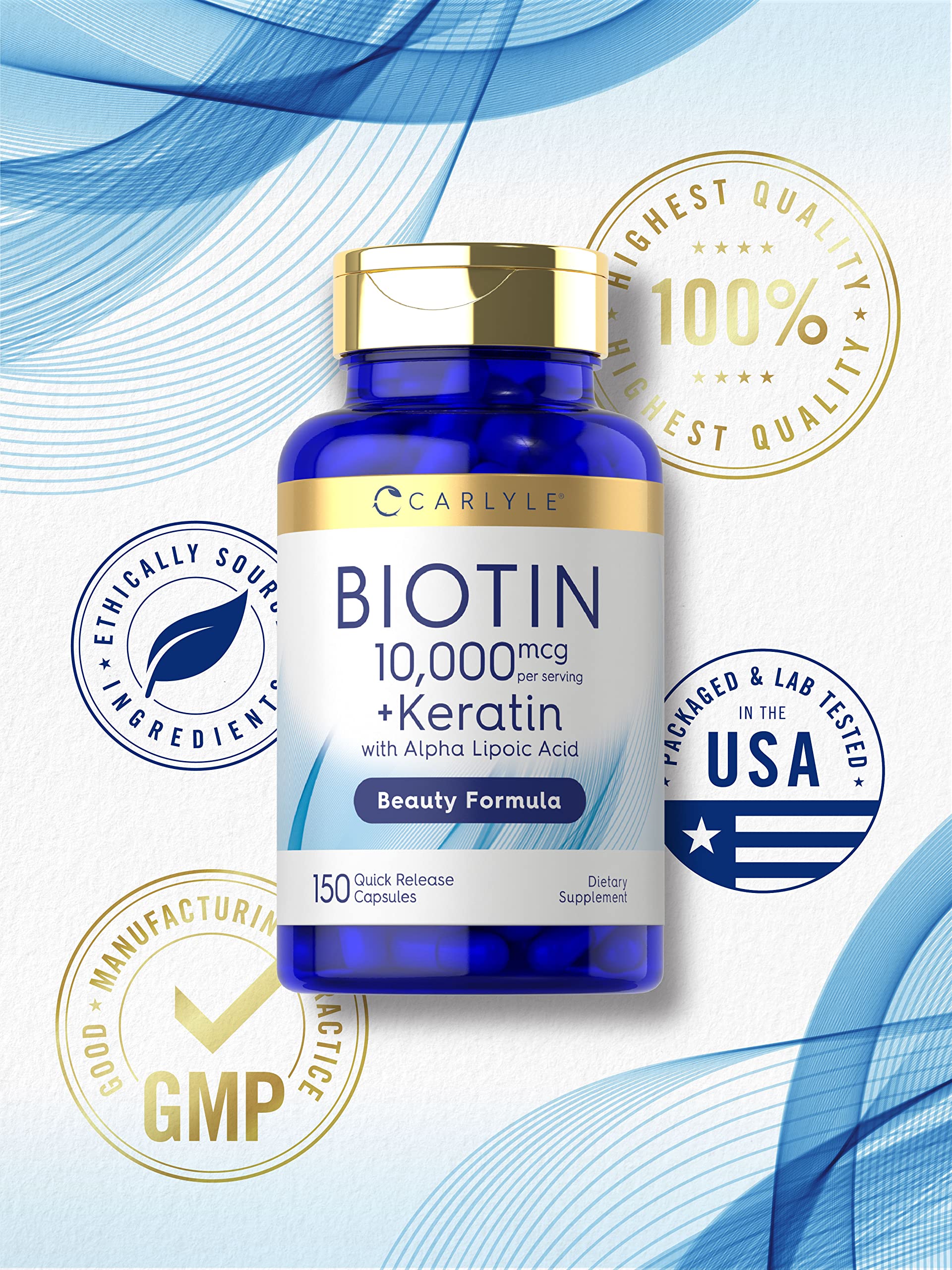 Carlyle Biotin 10000mcg | 150 Capsules | Beauty Formula with Keratin | Non-GMO, Gluten Free Supplement